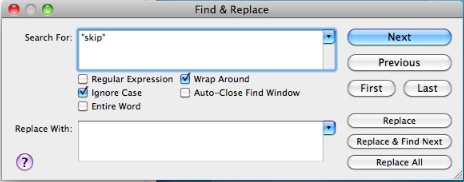 Script Debugger 4.5 : Find and Replace window