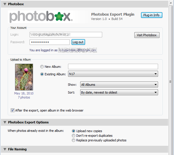 Photobox Export Plugin 2.8 : Main window