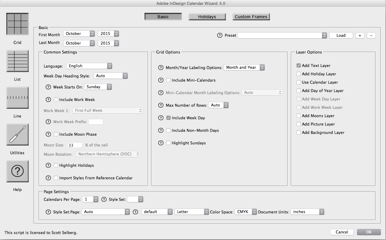 Adobe Indesign Calendar Wizard 5.0 : Main Window