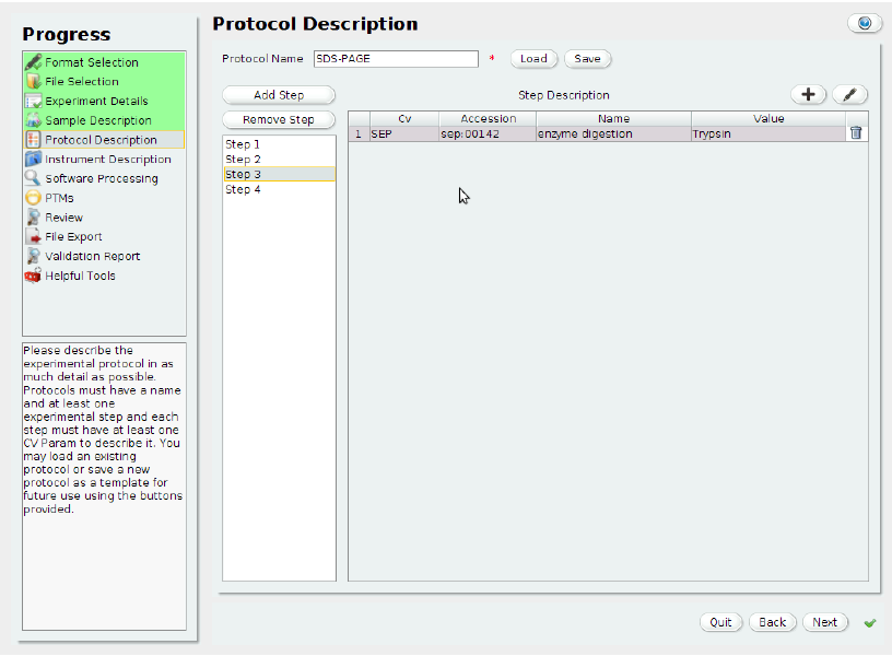 PRIDE Converter 2 2.0 : Protocol description window