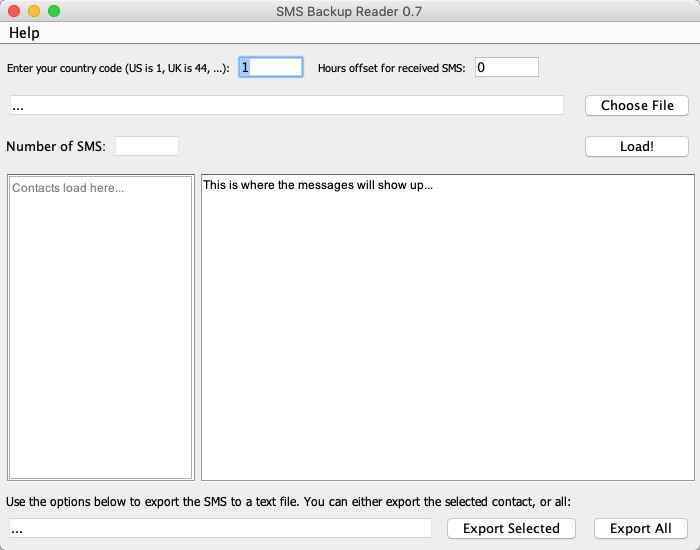 SMS Backup Reader 0.7 : Main Window