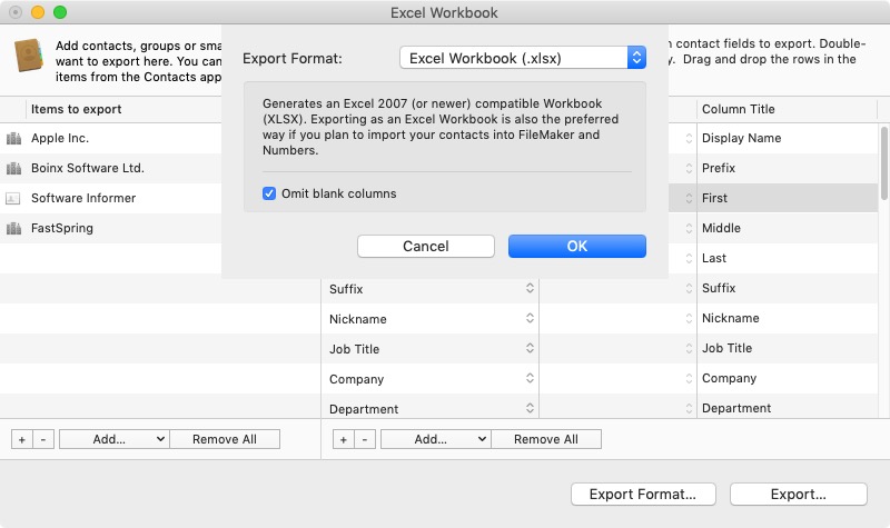 Exporter for Contacts 1.1 : Export Format