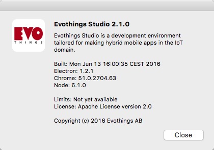 Evothings Studio 2.1 : About Window