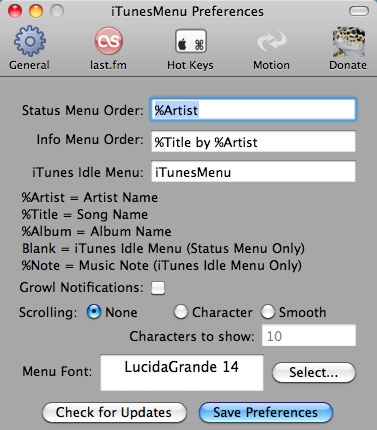 iTunesMenu 0.4 : Settings Window