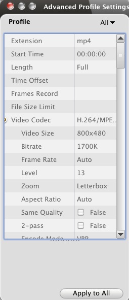 ImTOO HD Video Converter 6.6 : Advanced profile settings