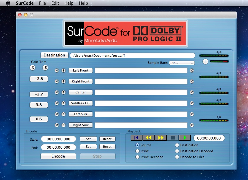 SurCode for Dolby Pro Logic II 2.5 : Main window