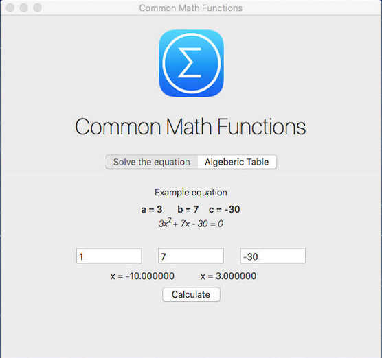 Common Math Functions 1.0 : Main Window