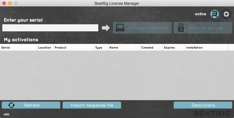 BeatRig License Manager 1.0 : Main window