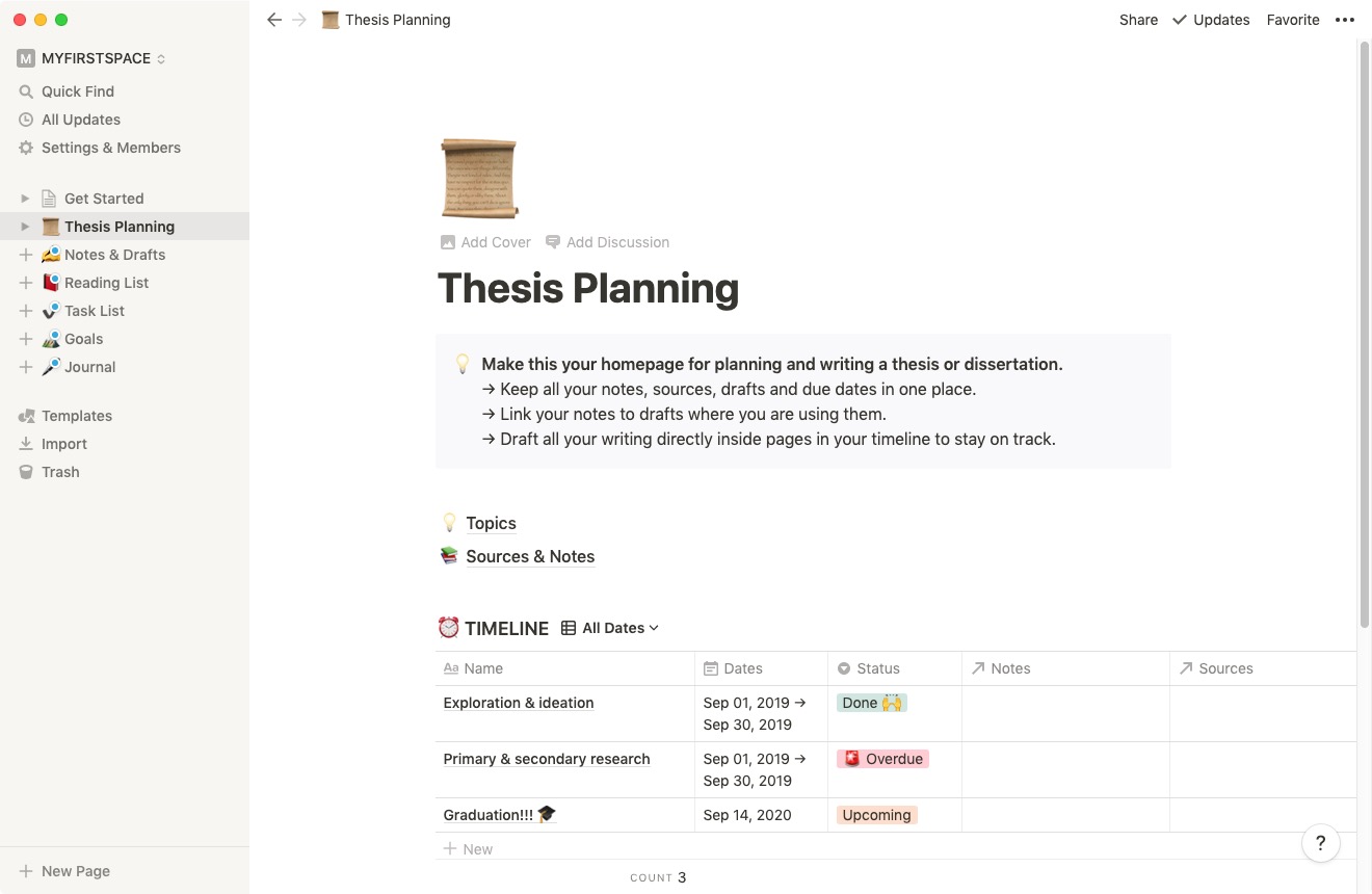 Notion 2.0 : Thesis Planning