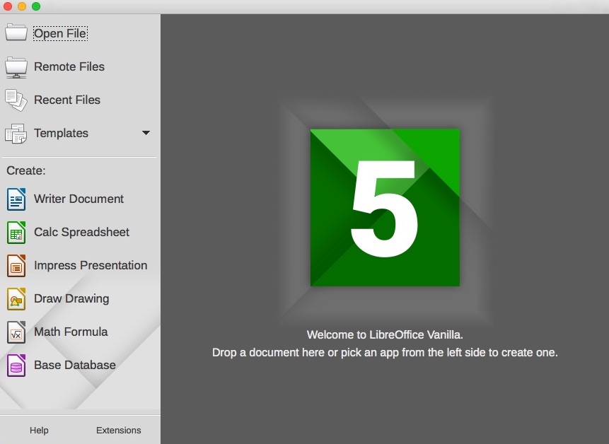 LibreOffice Vanilla 5.2 : Welcome Window