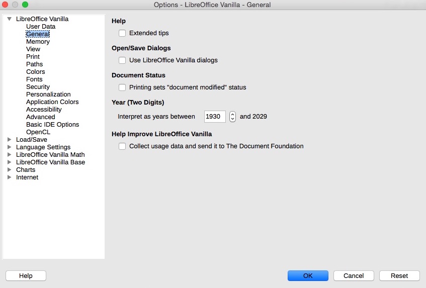 LibreOffice Vanilla 5.2 : Preferences Window