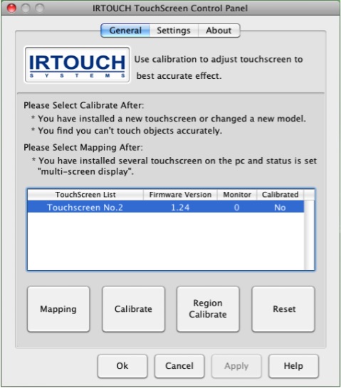 IRTOUCH Optical Touchscreen Control Panel 1.0 : Main window