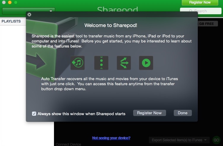Sharepod 4.3 : Welcome Window