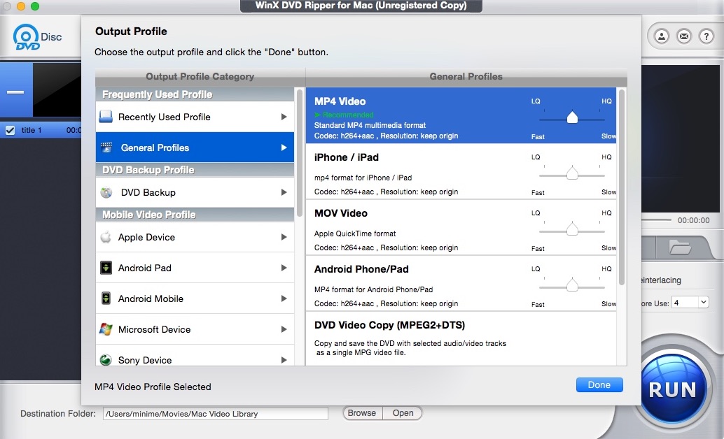 WinX DVD Ripper For Mac 4.9 : Selecting Output Format