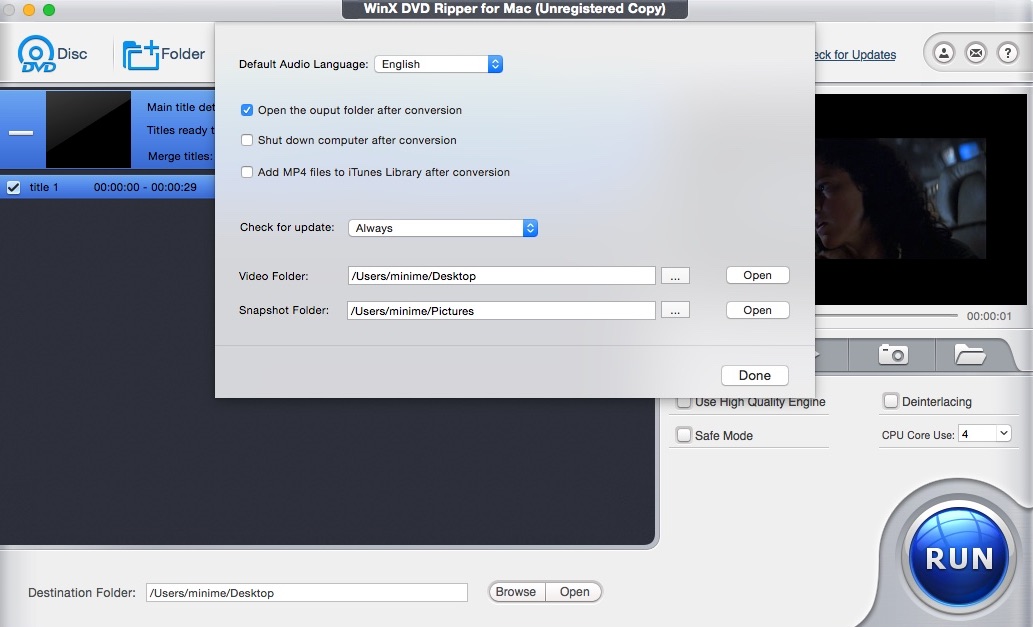 WinX DVD Ripper For Mac 4.9 : Preferences Window