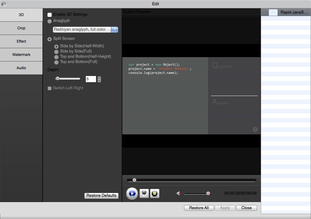 Amazing Mac Video Converter Ultimate 9.8 : 3D Settings