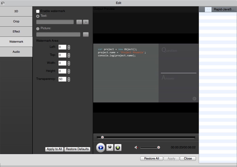 Amazing Mac Video Converter Ultimate 9.8 : Watermark Options
