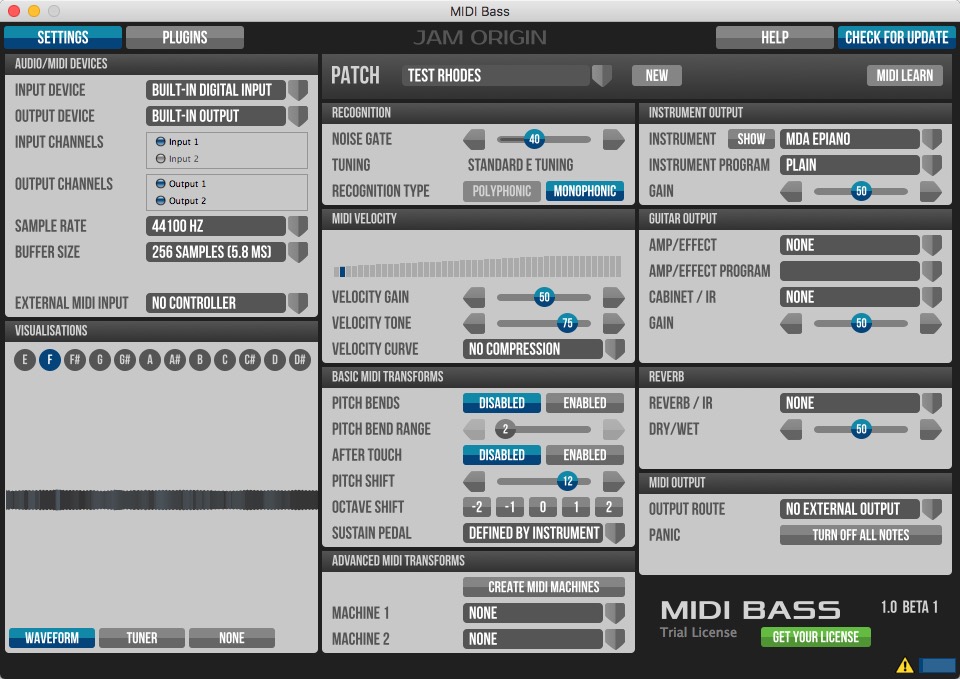 MIDI Bass 1.0 beta : Main Window