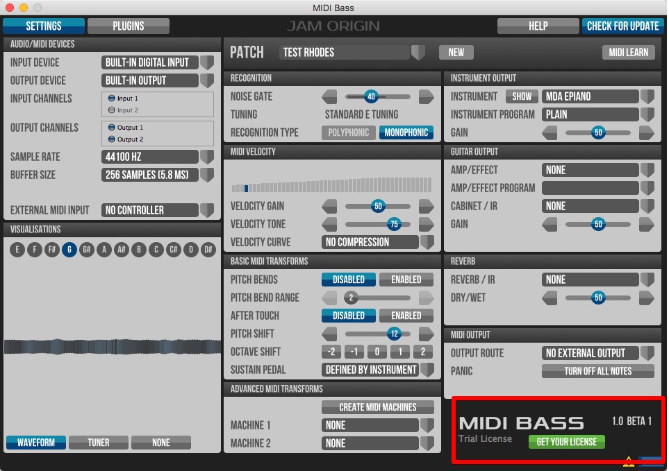 MIDI Bass 1.0 beta : Version Window
