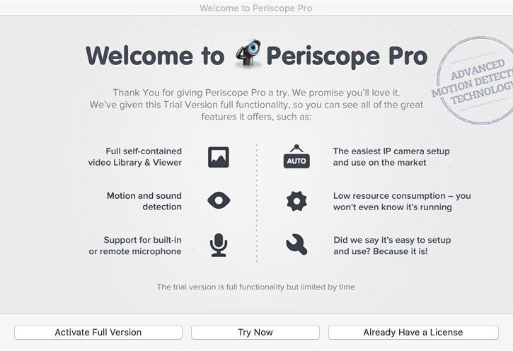 Periscope Pro 2.4 : Welcome Screen