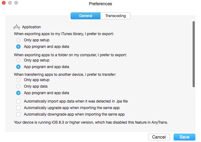 AnyTrans for iOS 5.2 : Preferences Window
