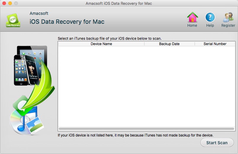 Amacsoft iOS Data Recovery for Mac 2.1 : Main Window