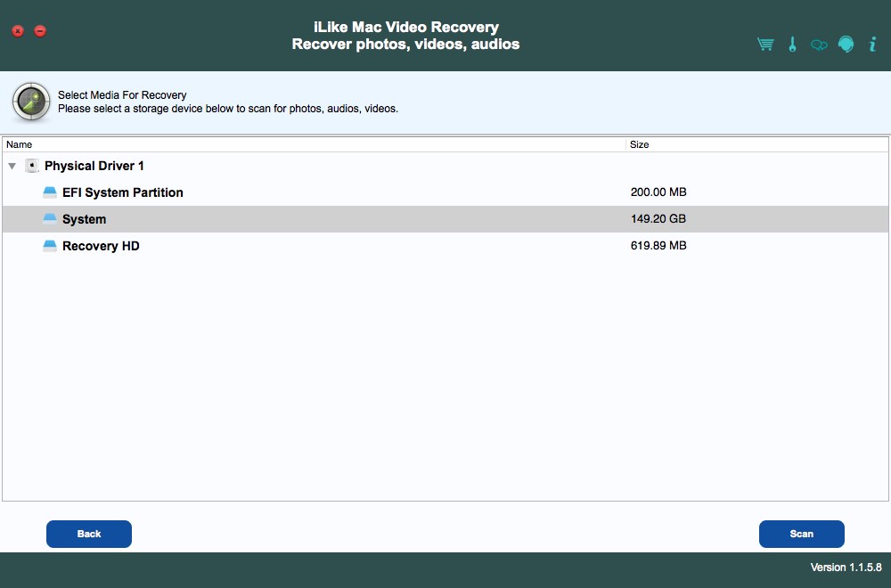 iLike Mac Video Recovery 1.1 : Select Drive 