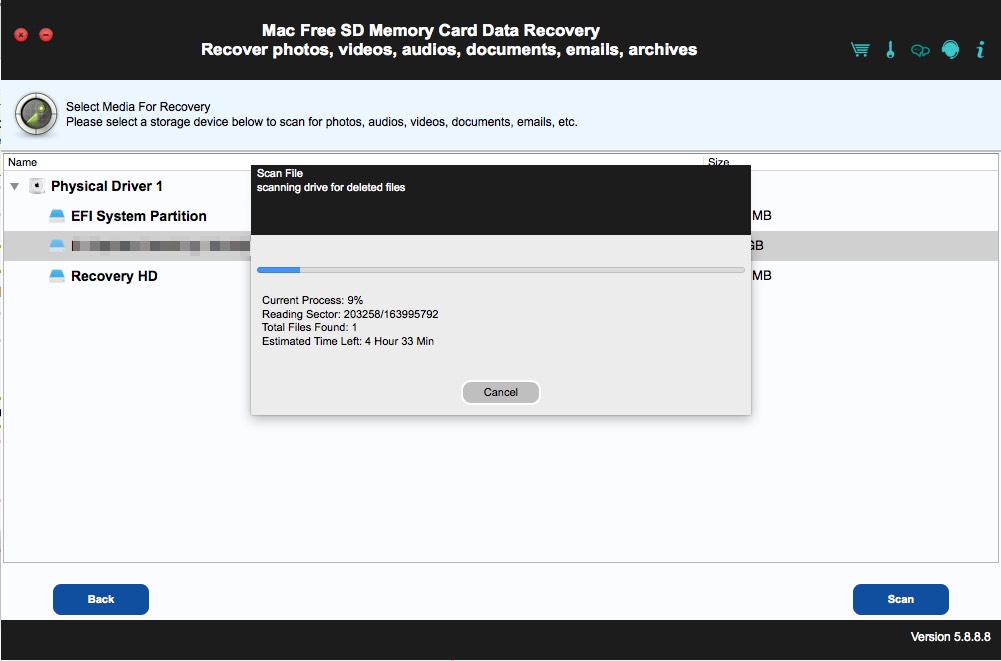 Mac Free SD Memory Card Data Recovery 5.8 : Scan Window