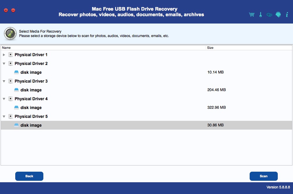 Mac Free USB Flash Drive Recovery 5.8 : Select Drive
