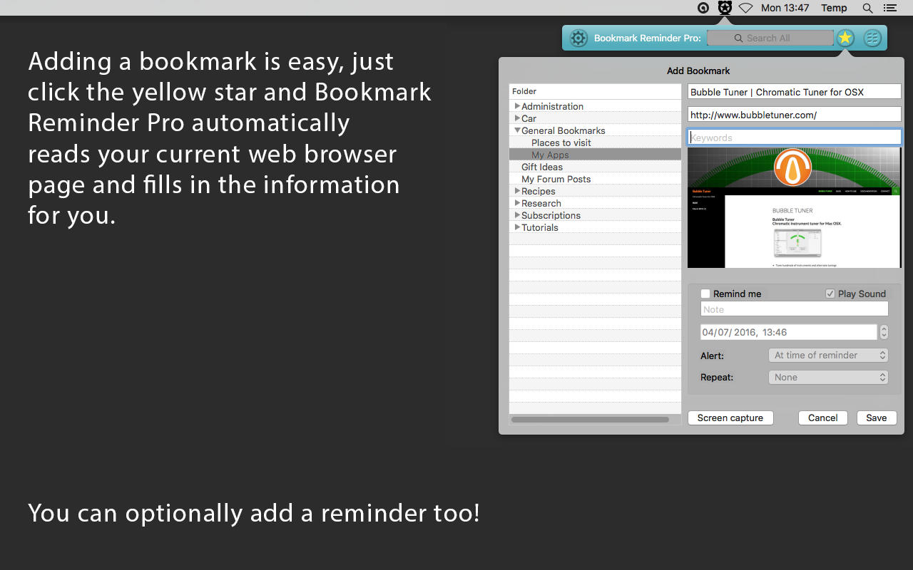 Bookmark Reminder Pro 1.2 : Main Window