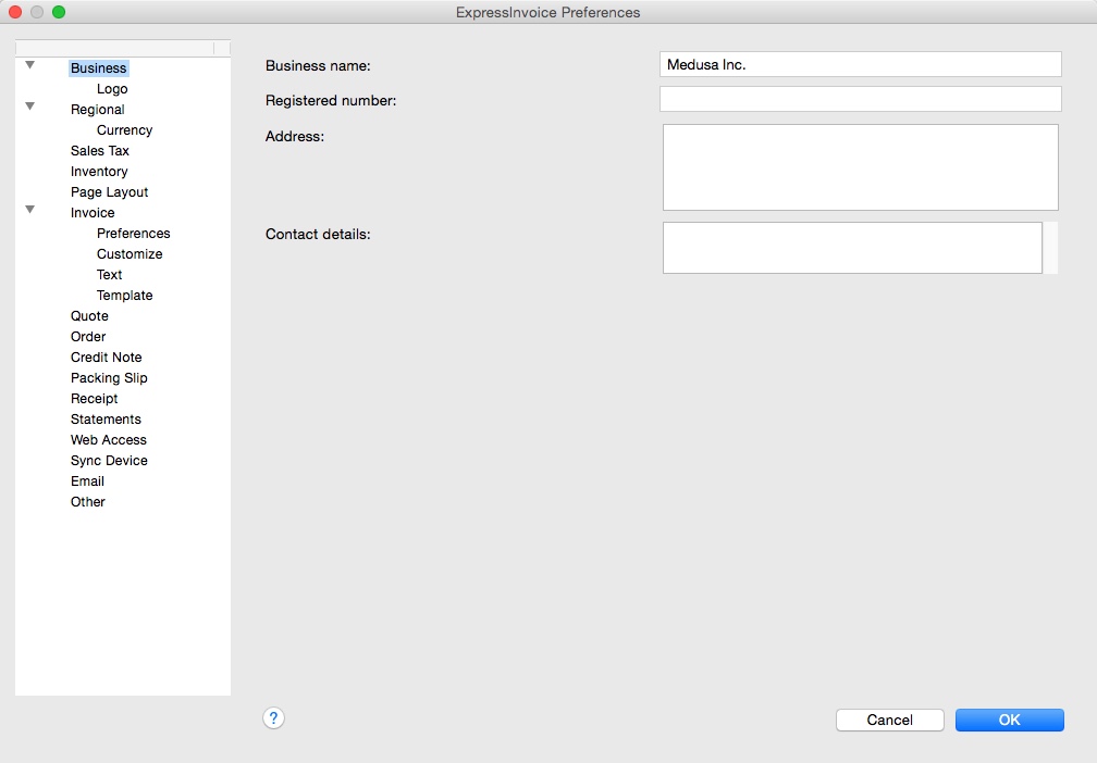 Express Invoice invoicing software 5.0 : Preferences Window