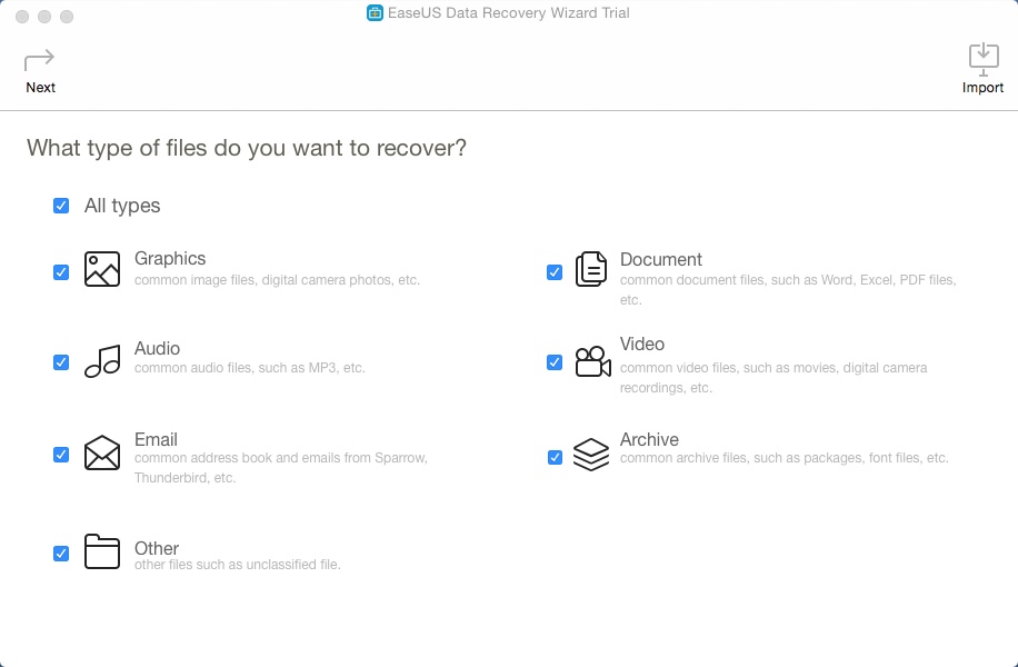 EaseUS Data Recovery Wizard 10.1 : Selecting File Types For Scan