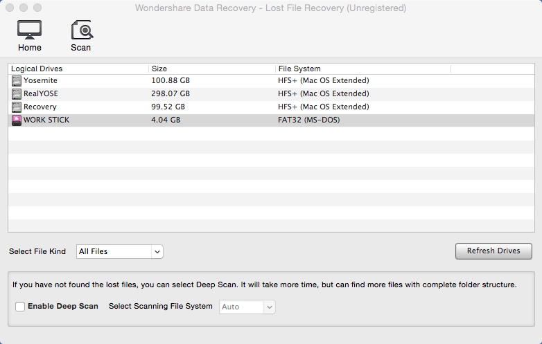 Wondershare Data Recovery 3.7 : Selecting Storage Device