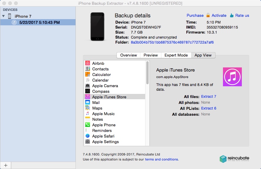 iPhone Backup Extractor 7.4 : App View