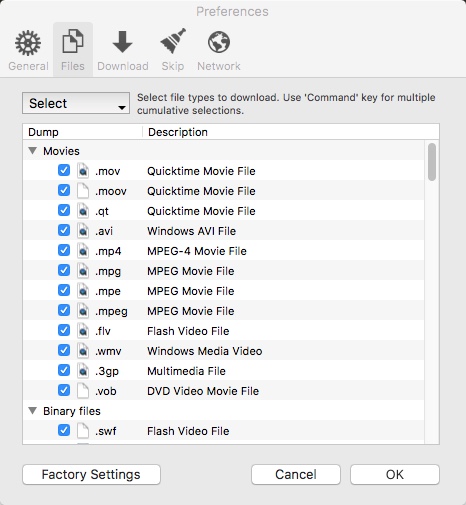 Web Dumper 3.4 : Selecting File Formats For Download