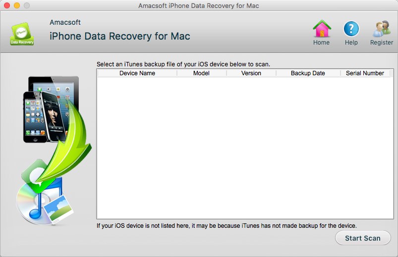 Amacsoft iPhone Data Recovery for Mac 2.1 : Main Window