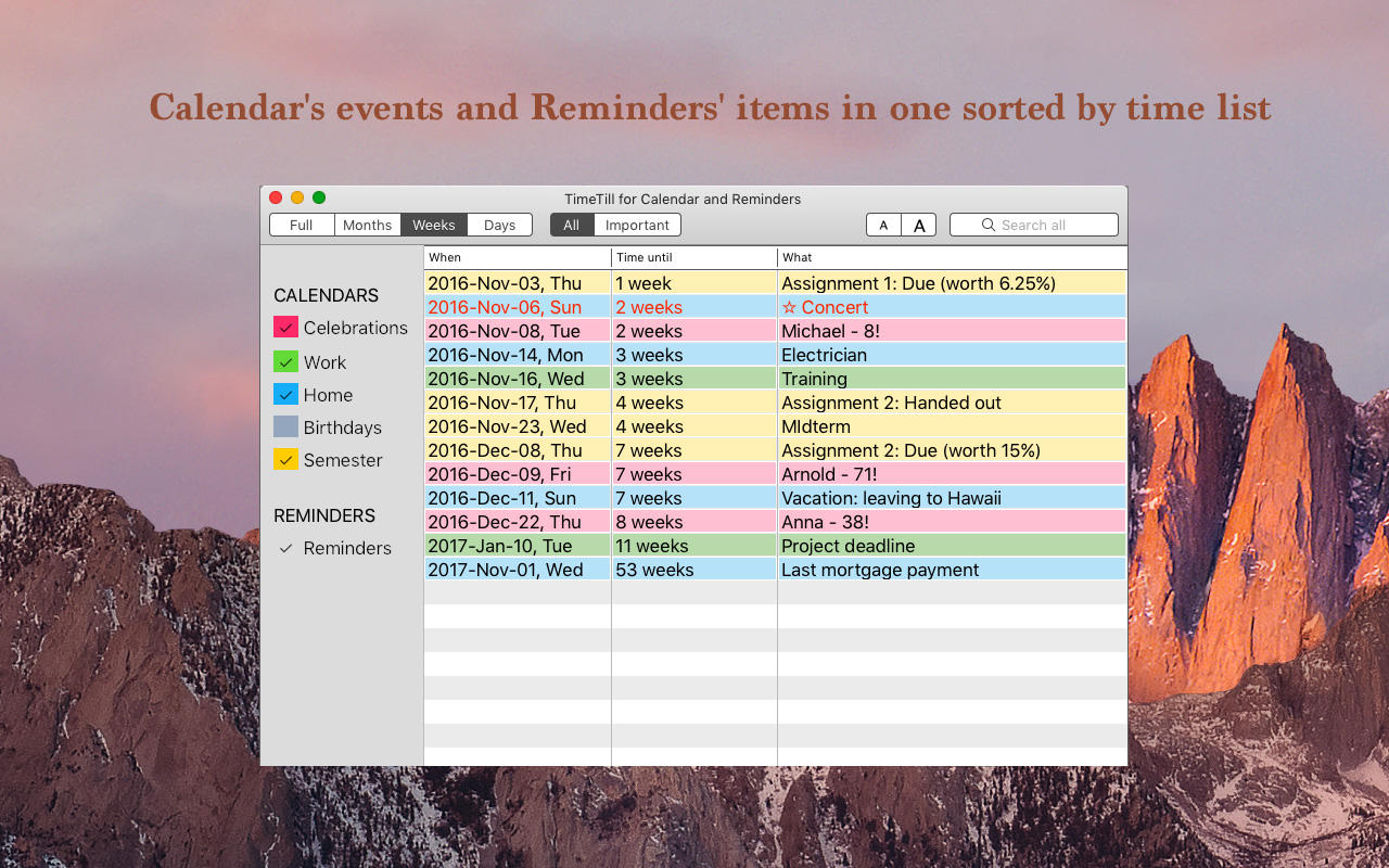 TimeTill for Calendar and Reminders 1.0 : Main Window