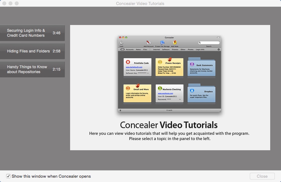 Concealer 1.3 : Video Tutorials Window
