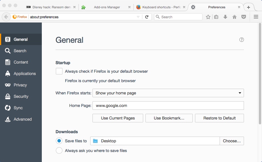 Firefox 53.0 : Configuring General Settings