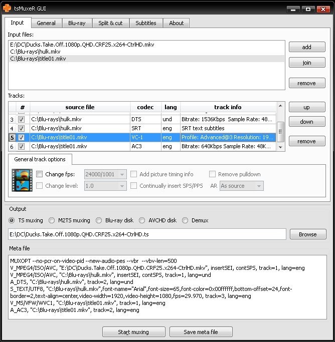tsMuxerGUI 1.1 : Main window