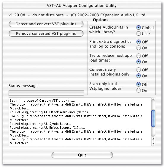 Vst To AU Adaptor V 2.0 : Configuration Window
