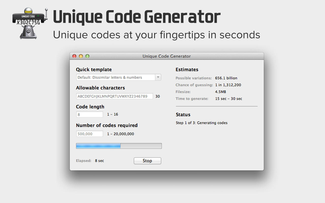 Unique Code Generator 1.0 : Main Window