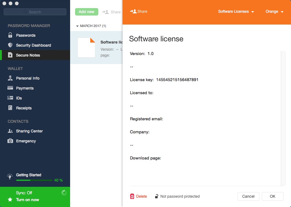 Dashlane 4.7 : Adding New Software License Item