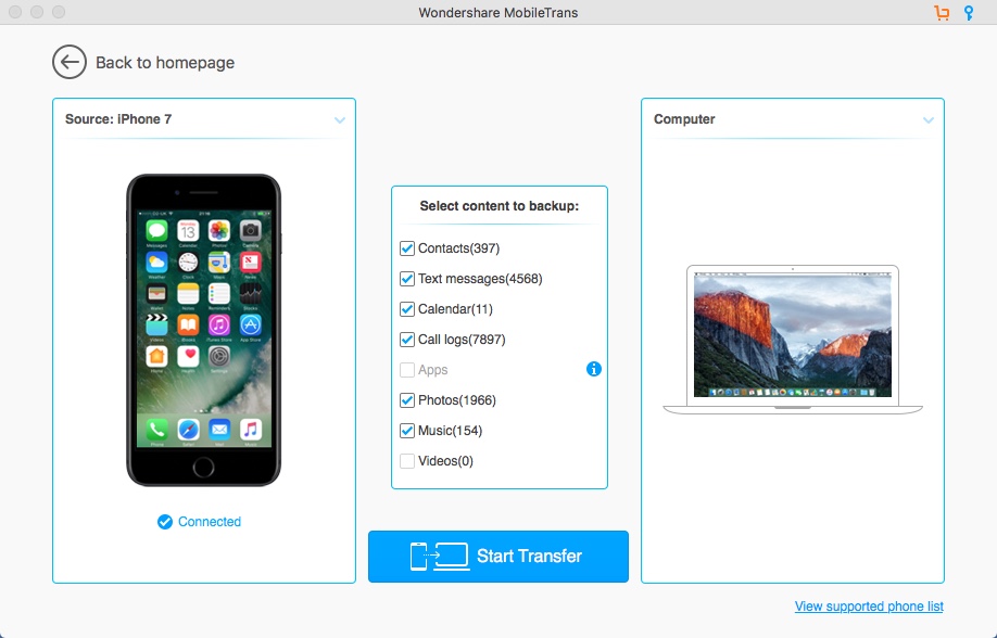 Wondershare MobileTrans 6.8 : Selecting iOS File Types For Backup