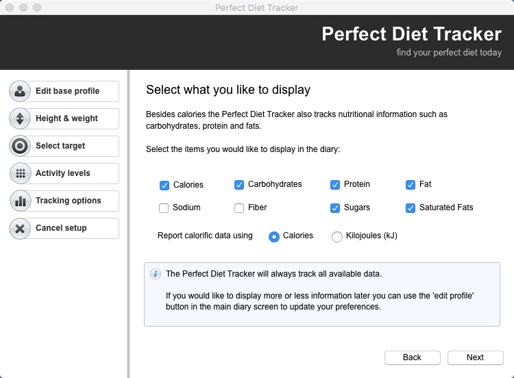 Perfect Diet Tracker 3.9 : Selecting Tracking Options