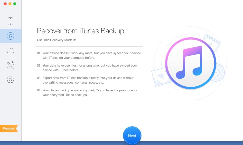 Primo iPhone Data Recovery 2.1 : iTunes Backup Recovery Mode Window