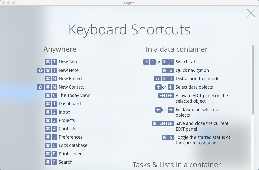 Pagico 8.7 : Keyboard Shortcuts Window