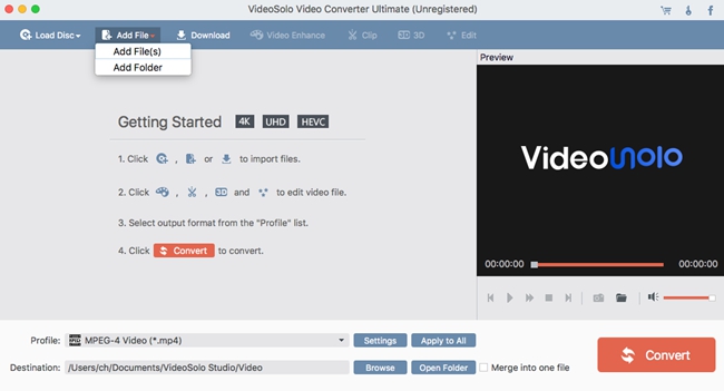 VideoSolo Video Converter Ultimate 1.0 : Main Window