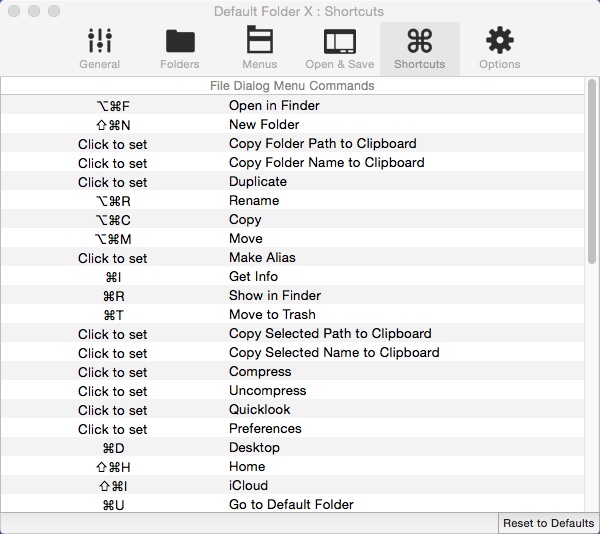 Default Folder X 5.1 : Shortcuts Window