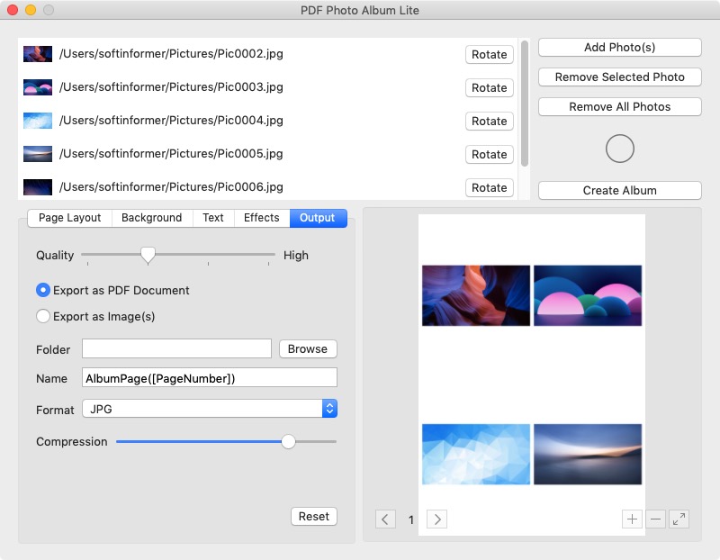PDF Photo Album 1.0 : Main Screen - Output